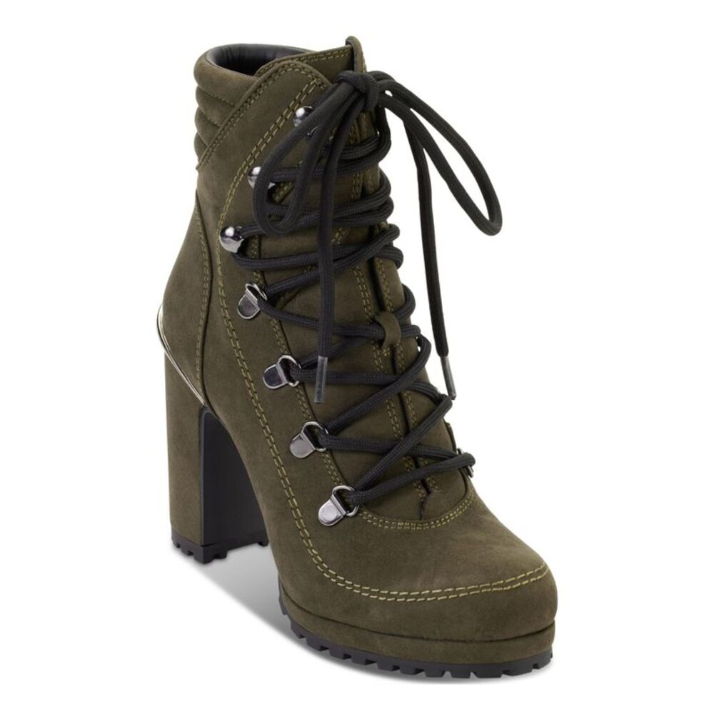 DKNY Womens Green Lug Sole Padded Lenni Round Toe Block Heel Lace-Up Boots 5 M